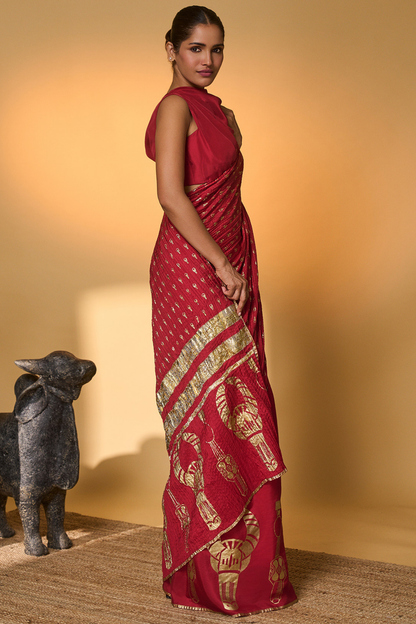 Red Tribal Mask Saree