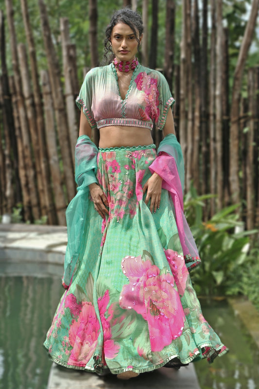 Mint Organza Floral Lehenga Set