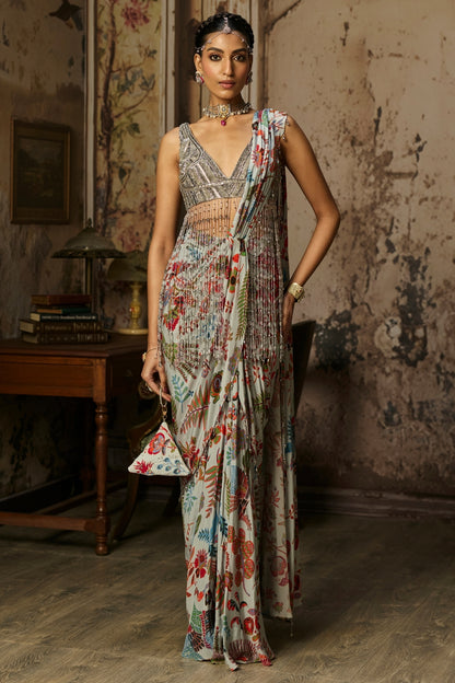 SLATE GREY EMBROIDERED BLOUSE WITH DHOTI SKIRT SAREE SET