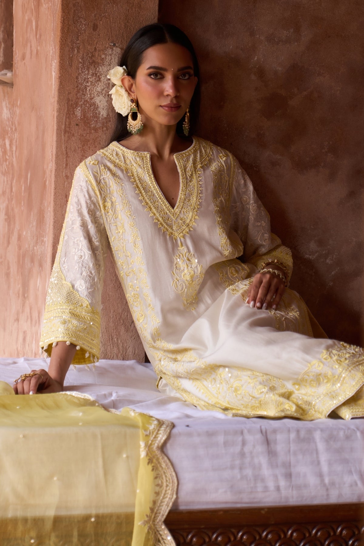 Nurvi - Daisy Ivory With Lemon Yellow Long A-line Kurta With Palazzo And Dupatta