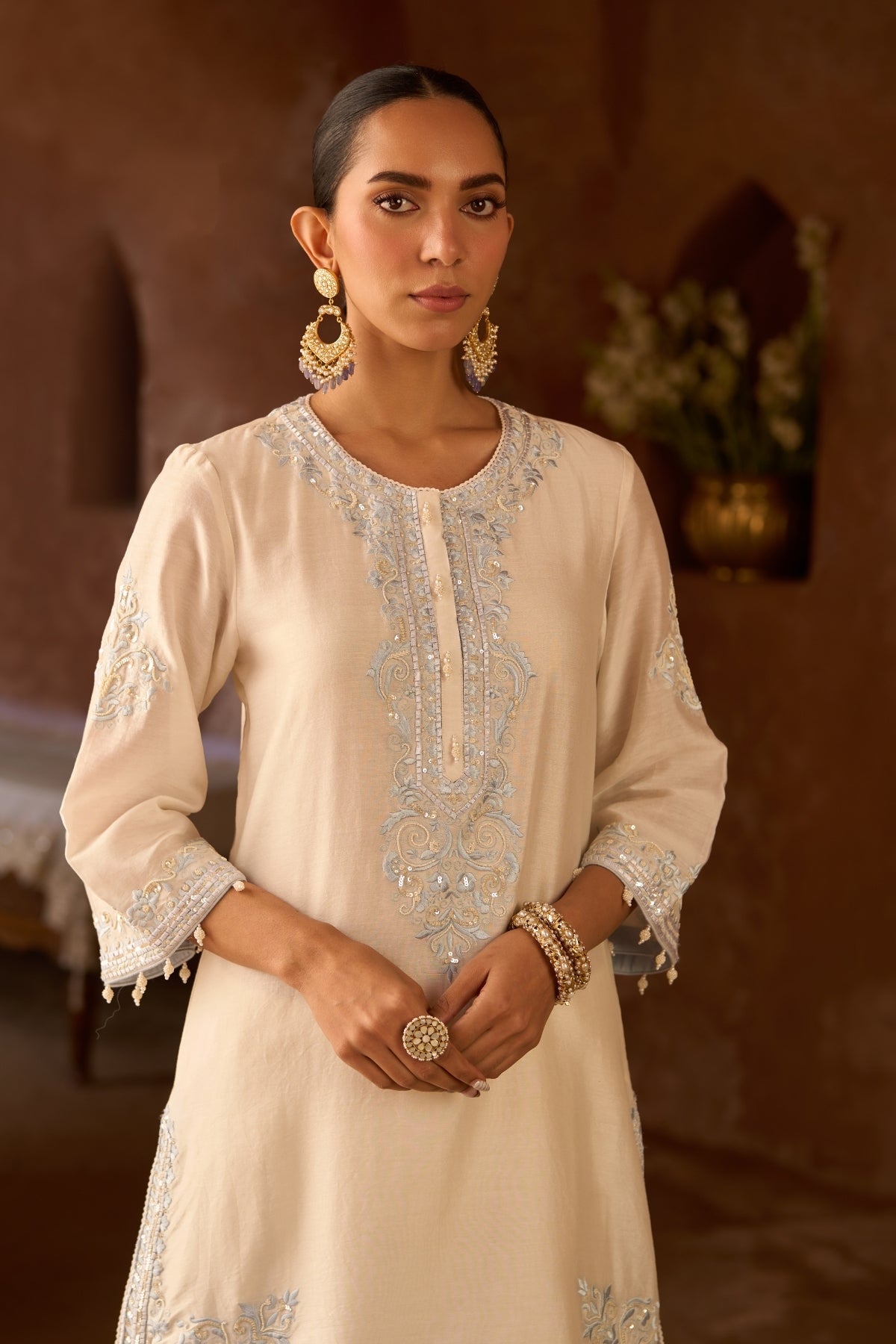 Nyra - Daisy Ivory With Blue Short Kurta And Dhoti