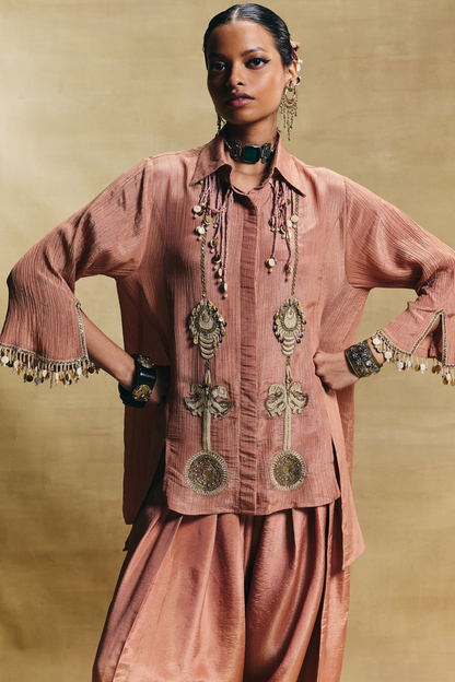 Peach Crush Tissue Hand Embroidered Co-Ord Set