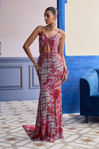 RED FLORAL CORSET WITH HIGHLIGHTED MERMAID SKIRT SET
