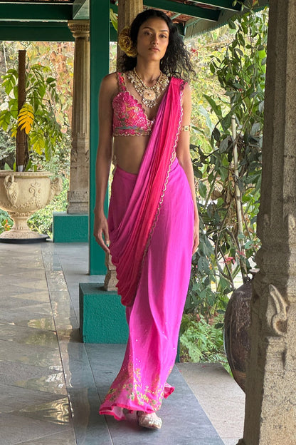 Hot PInk Tussar & Chiffon Pre-Draped Saree Set