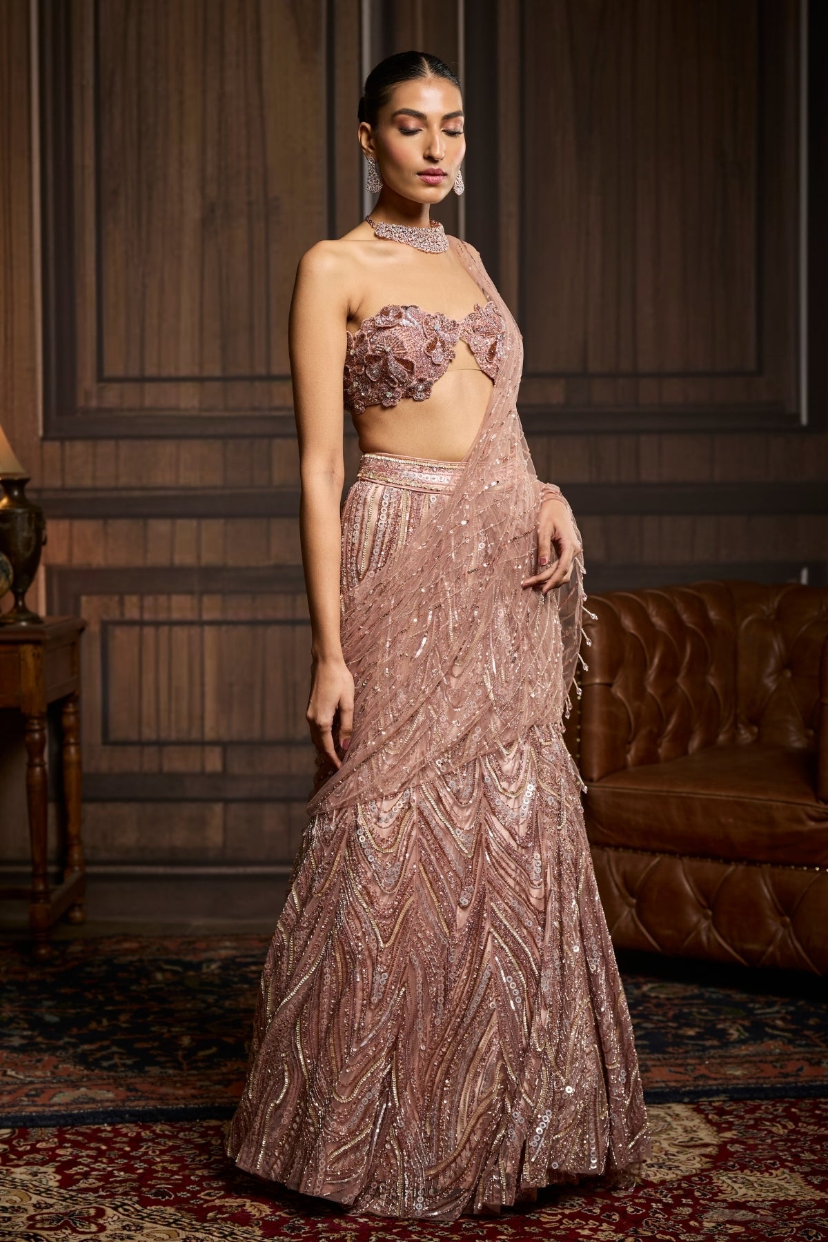 Blush Pink Embellished Pre-draped Skirt Saree Set