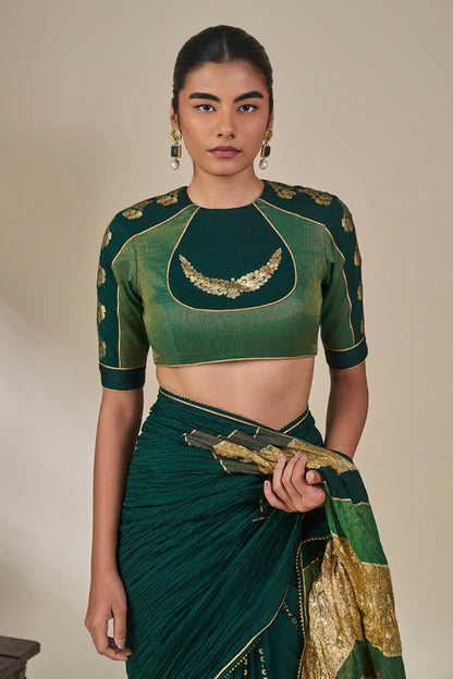 Bottle Green Celestial Moonfall Crush Saree