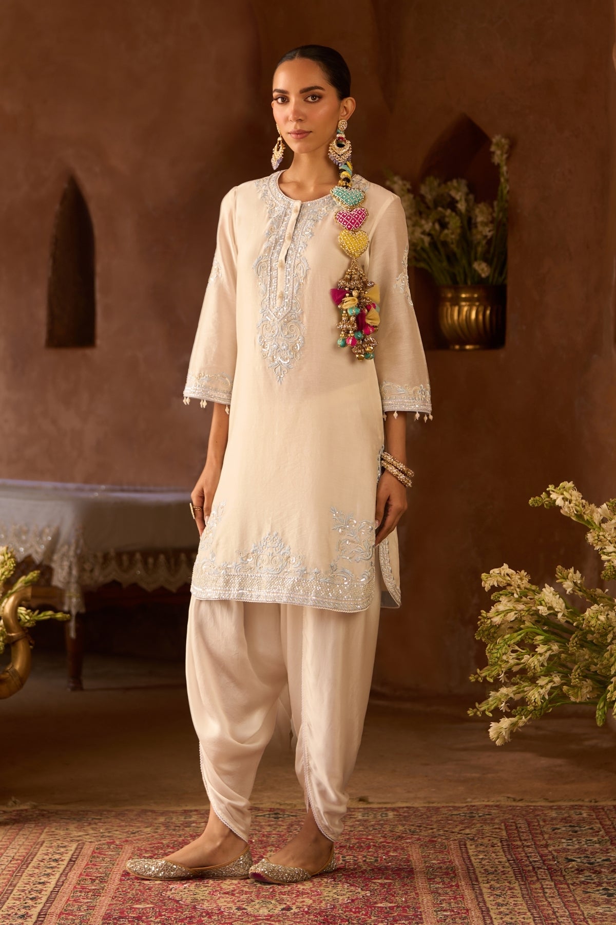 Nyra - Daisy Ivory With Blue Short Kurta And Dhoti