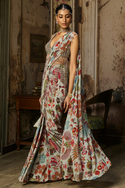 SLATE GREY EMBROIDERED BLOUSE WITH DHOTI SKIRT SAREE SET