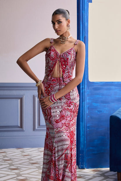 RED FLORAL CORSET WITH HIGHLIGHTED MERMAID SKIRT SET