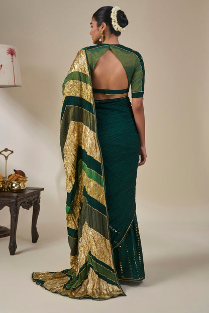 Bottle Green Celestial Moonfall Crush Saree
