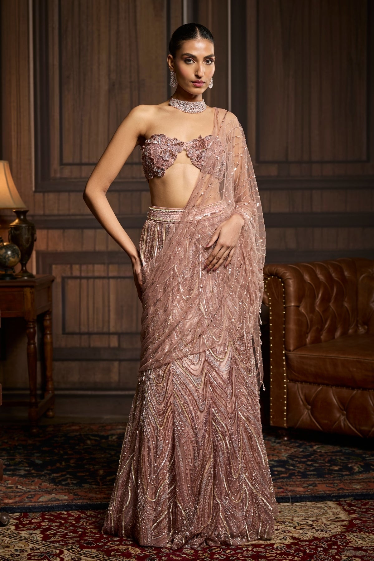 Blush Pink Embellished Pre-draped Skirt Saree Set