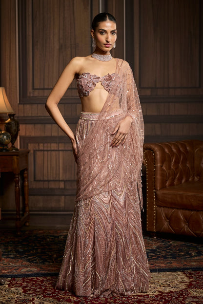 Blush Pink Embellished Pre-draped Skirt Saree Set