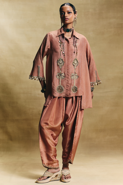 Peach Crush Tissue Hand Embroidered Co-Ord Set