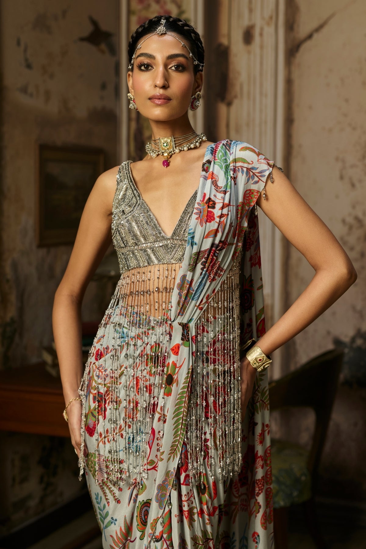 SLATE GREY EMBROIDERED BLOUSE WITH DHOTI SKIRT SAREE SET