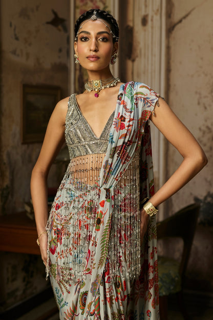 SLATE GREY EMBROIDERED BLOUSE WITH DHOTI SKIRT SAREE SET