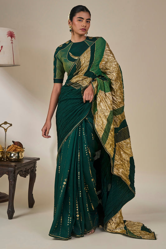 Bottle Green Celestial Moonfall Crush Saree