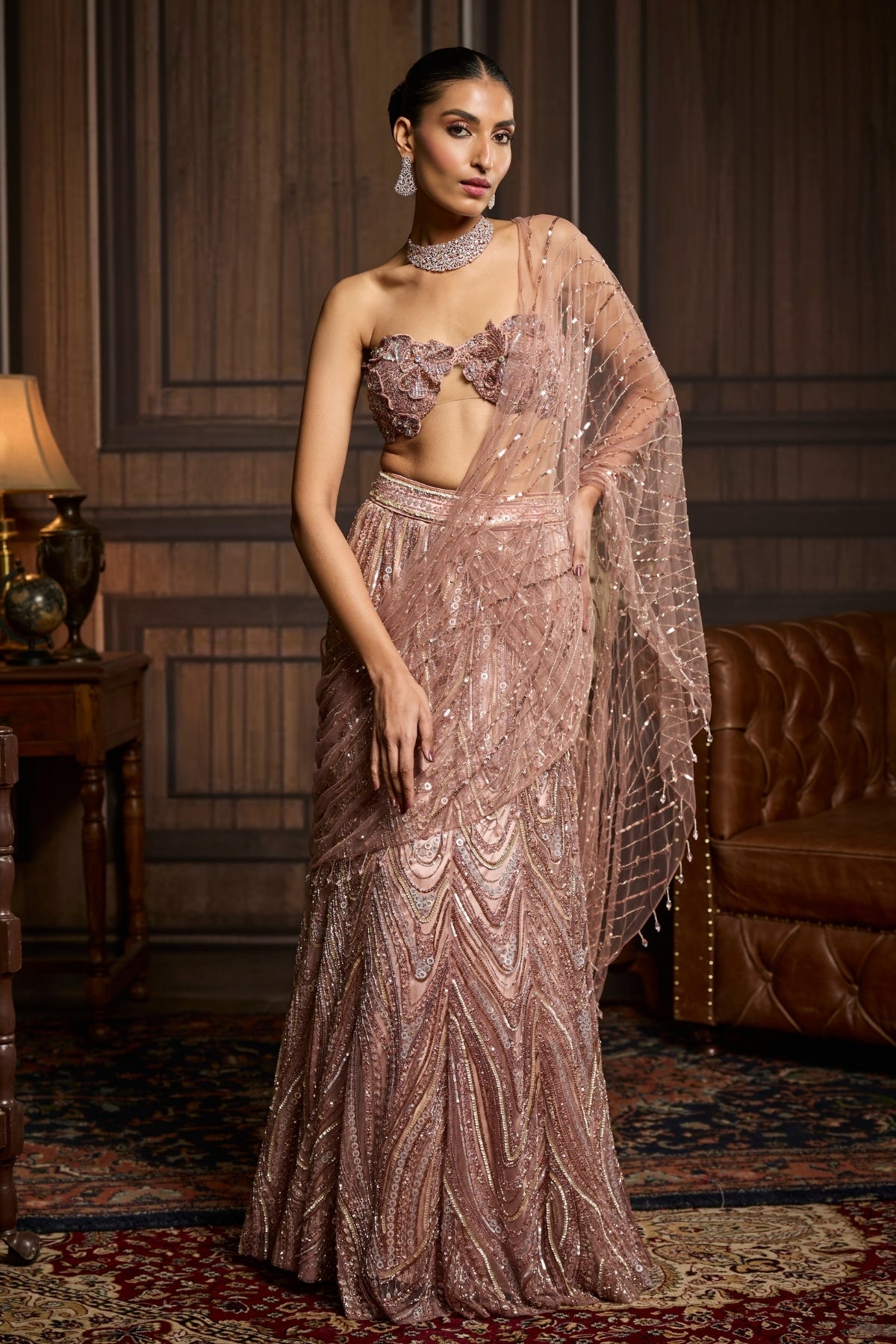 Blush Pink Embellished Pre-draped Skirt Saree Set