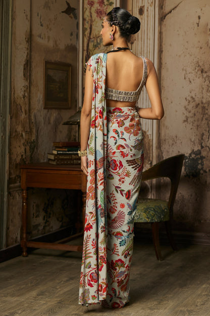 SLATE GREY EMBROIDERED BLOUSE WITH DHOTI SKIRT SAREE SET