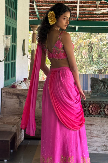 Hot PInk Tussar & Chiffon Pre-Draped Saree Set