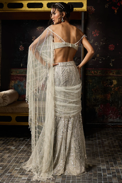 SILVER FULLY EMBROIDERED MERMAID SKIRT SAREE SET