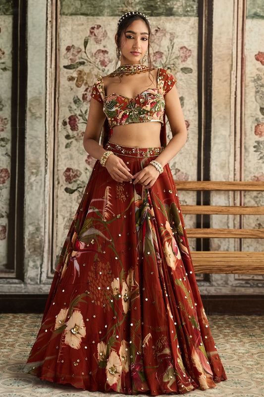 RUST FLORAL PRINT AND HIGHLIGHTED LEHENGA SET