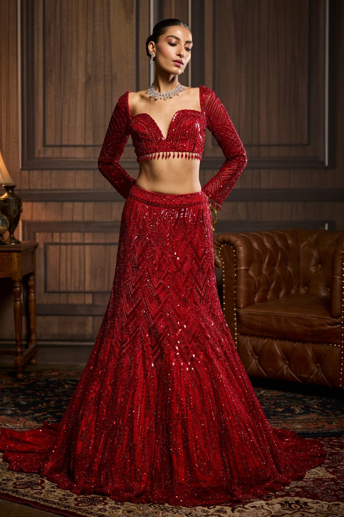 VERMELLION RED EMBROIDERED MERMAID SKIRT SAREE SET