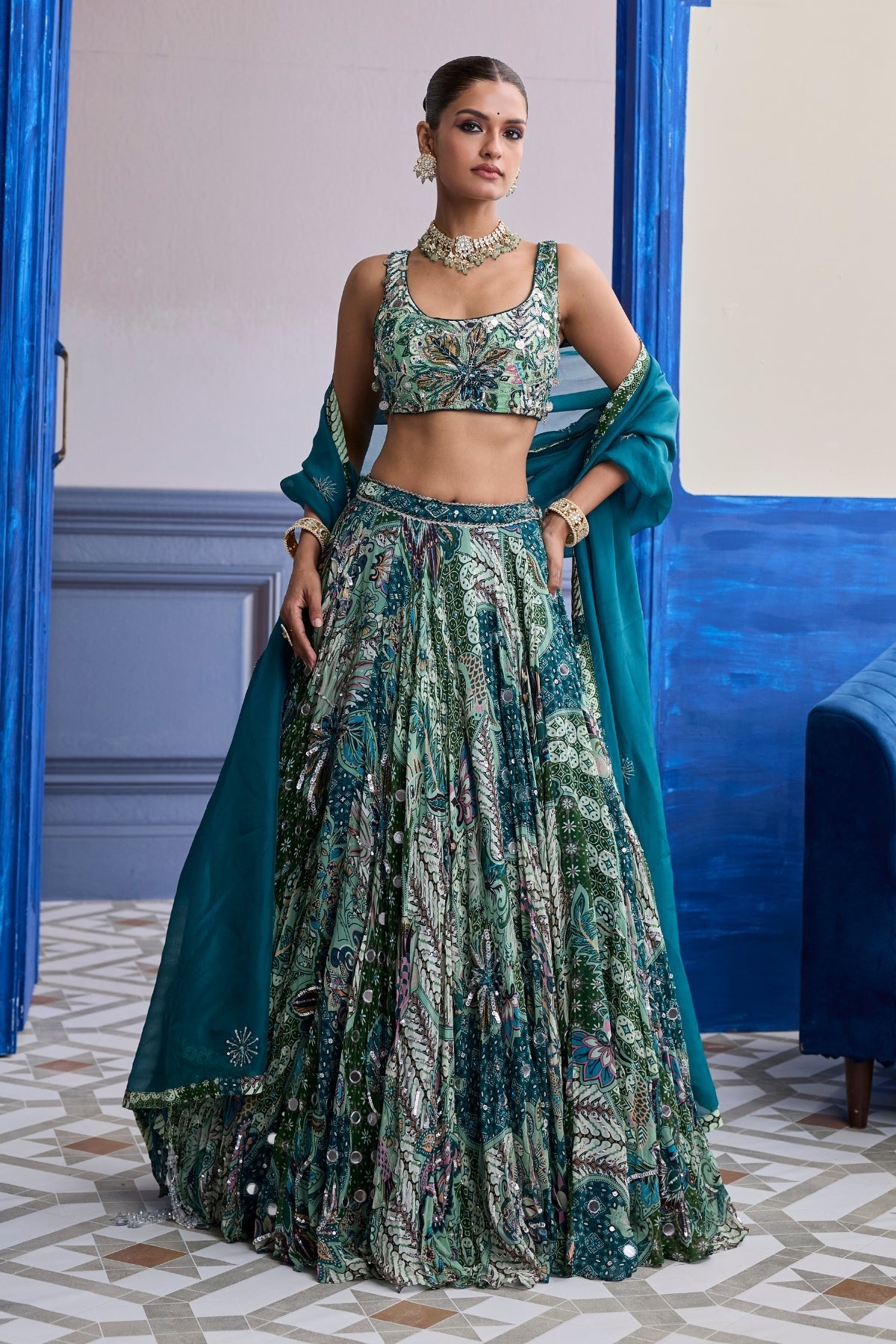 GREEN FLORAL BLOUSE WITH HIGHLIGHTED LEHENGA & EMBROIDERED DUPATTA SET