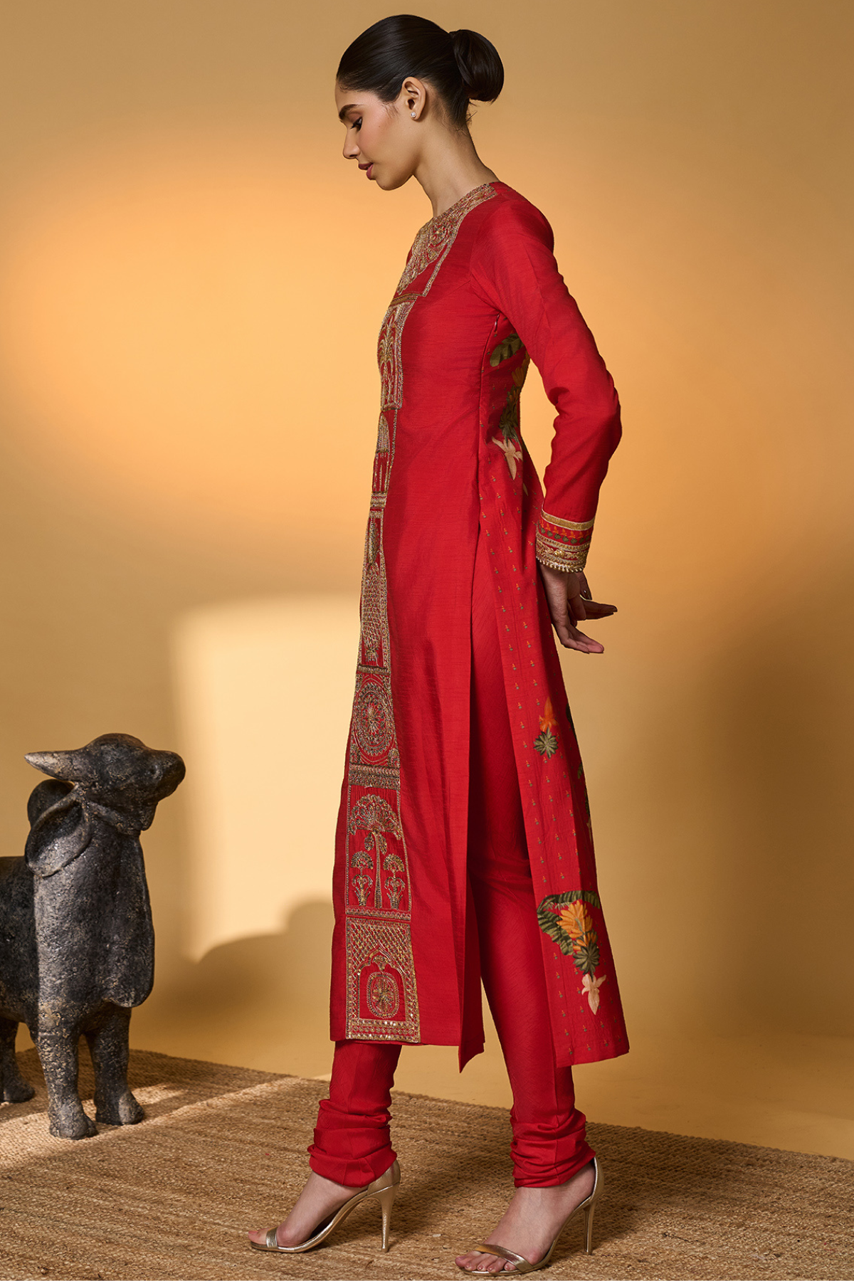 Red Khidki Kurta Set