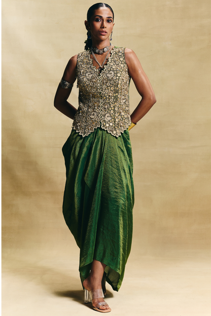 Green waistcoat & draped skirt