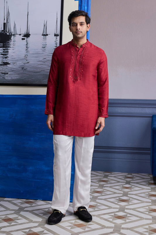 MAROON MIRROR EMBROIDERED & THREAD WORK KURTA WITH PANTS