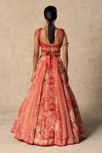 Printed red tissue Lehenga Set