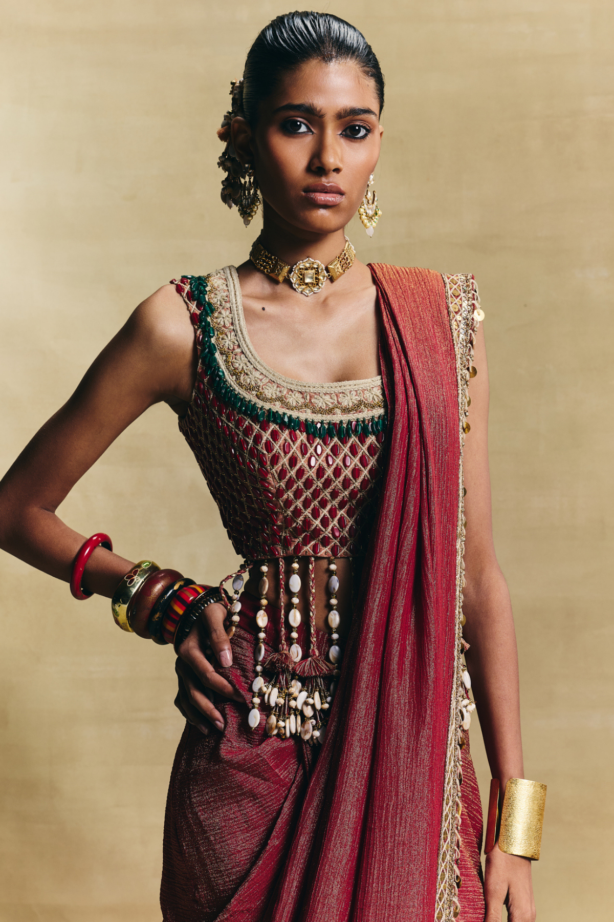 Red lovely blouse with stitched saree