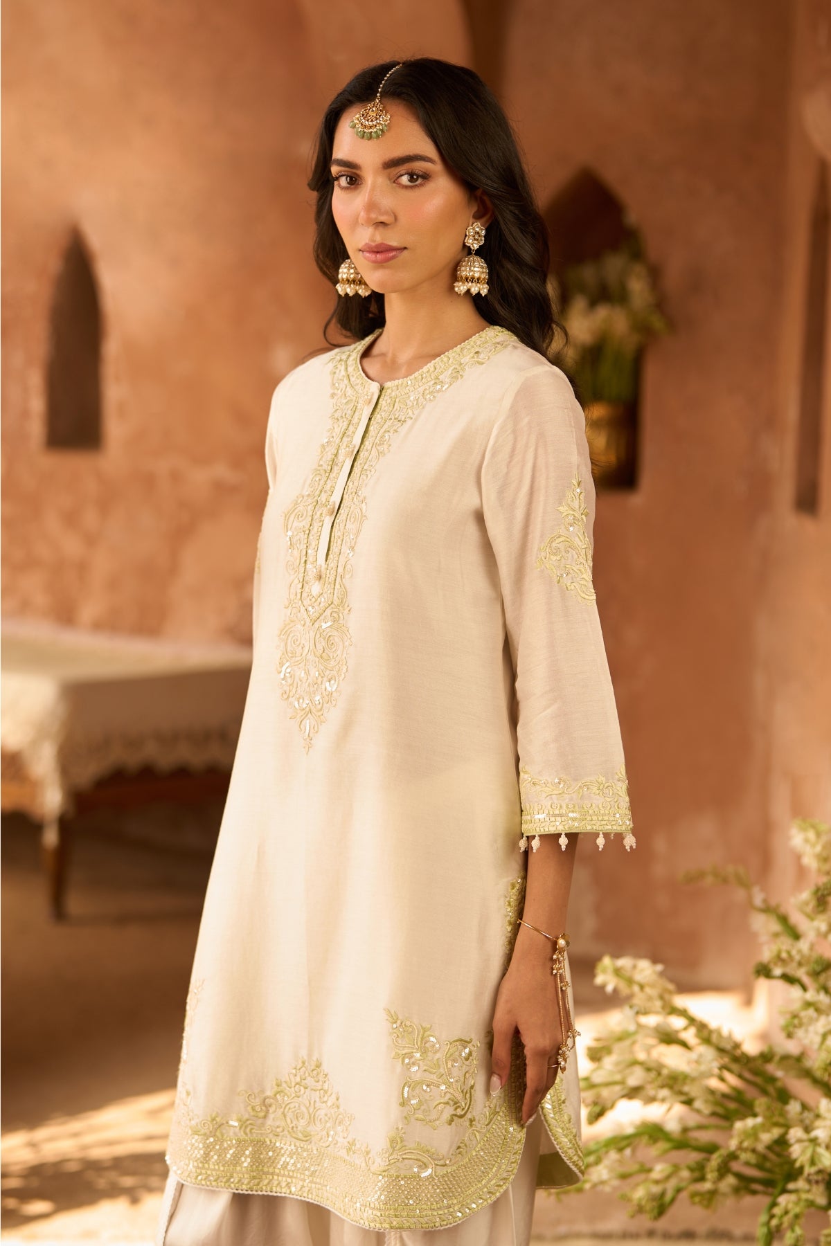 Nyra - Daisy Ivory With Mint Green Short Kurta And Dhoti