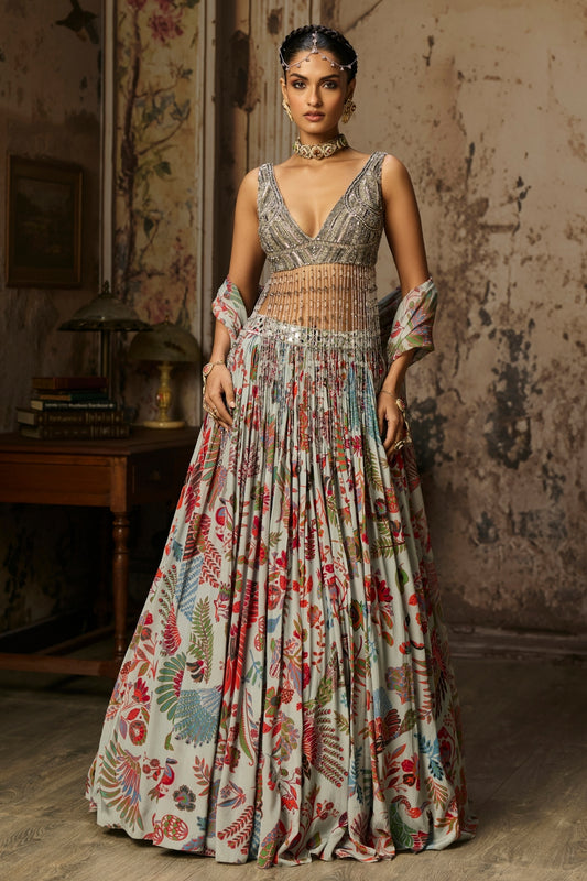 SLATE GREY EMBROIDERED BLOUSE AND PRINTED LEHENGA SET