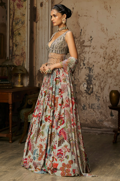 SLATE GREY EMBROIDERED BLOUSE AND PRINTED LEHENGA SET