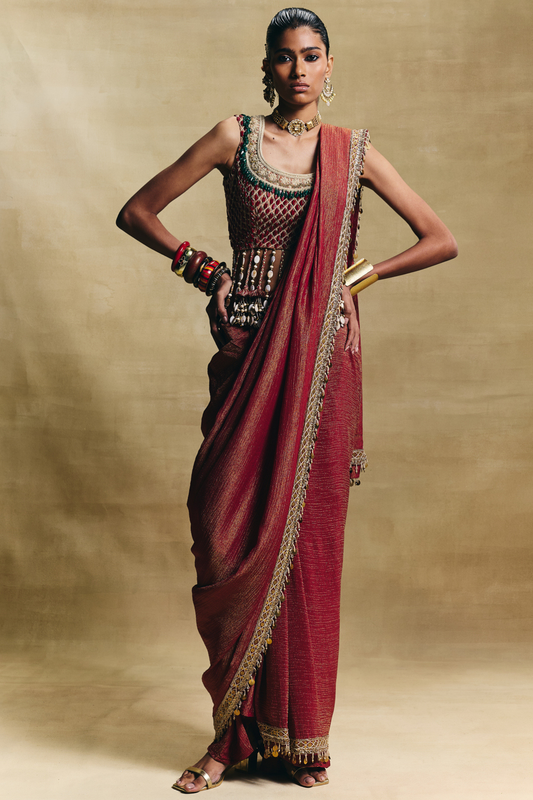 Red lovely blouse with stitched saree