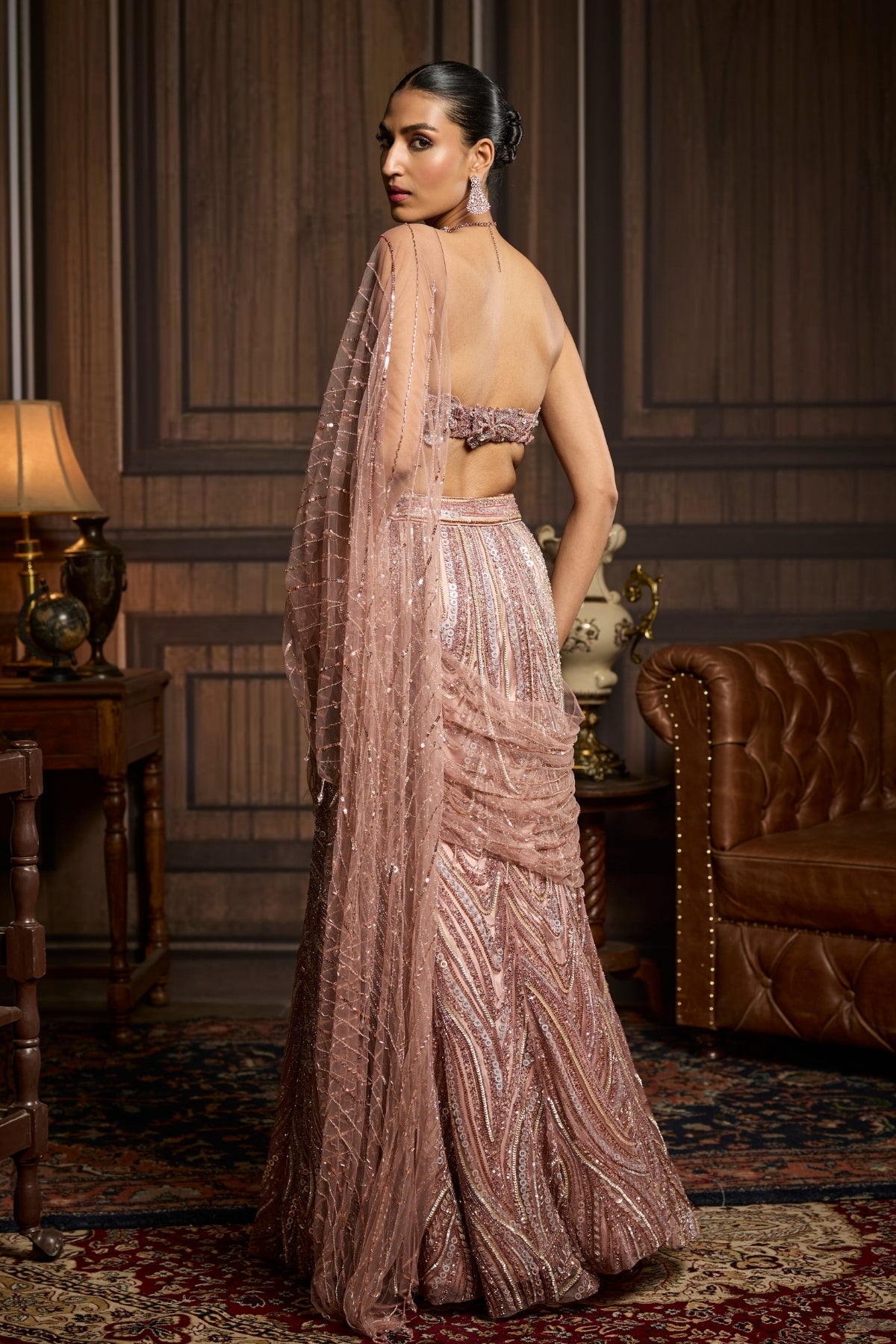 Blush Pink Embellished Pre-draped Skirt Saree Set