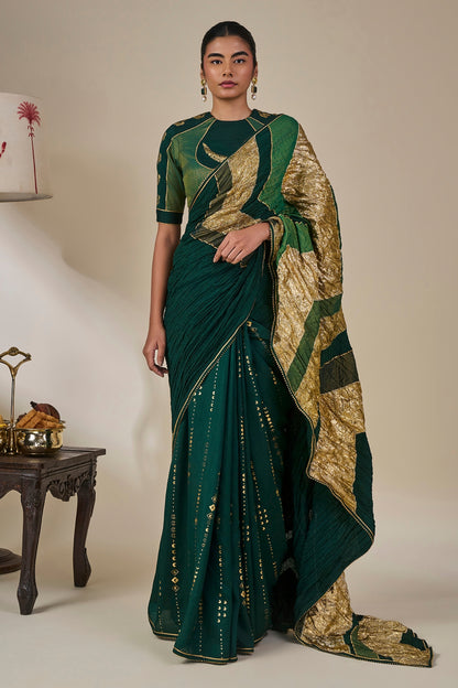 Bottle Green Celestial Moonfall Crush Saree