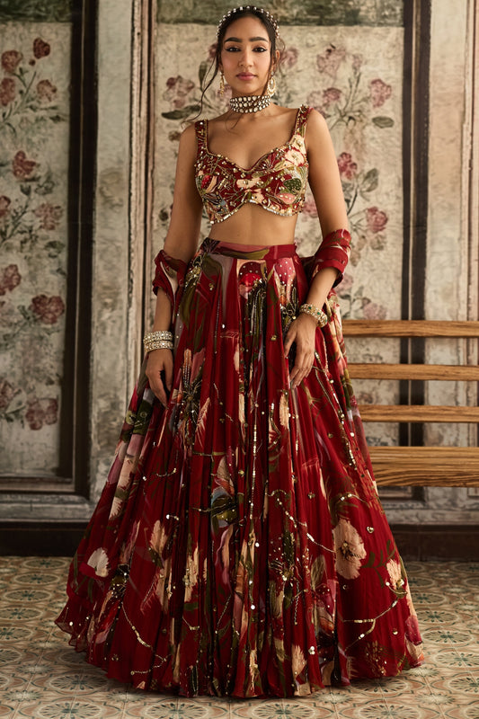 RED FLORAL PRINT AND HIGHLIGHTED LEHENGA SET
