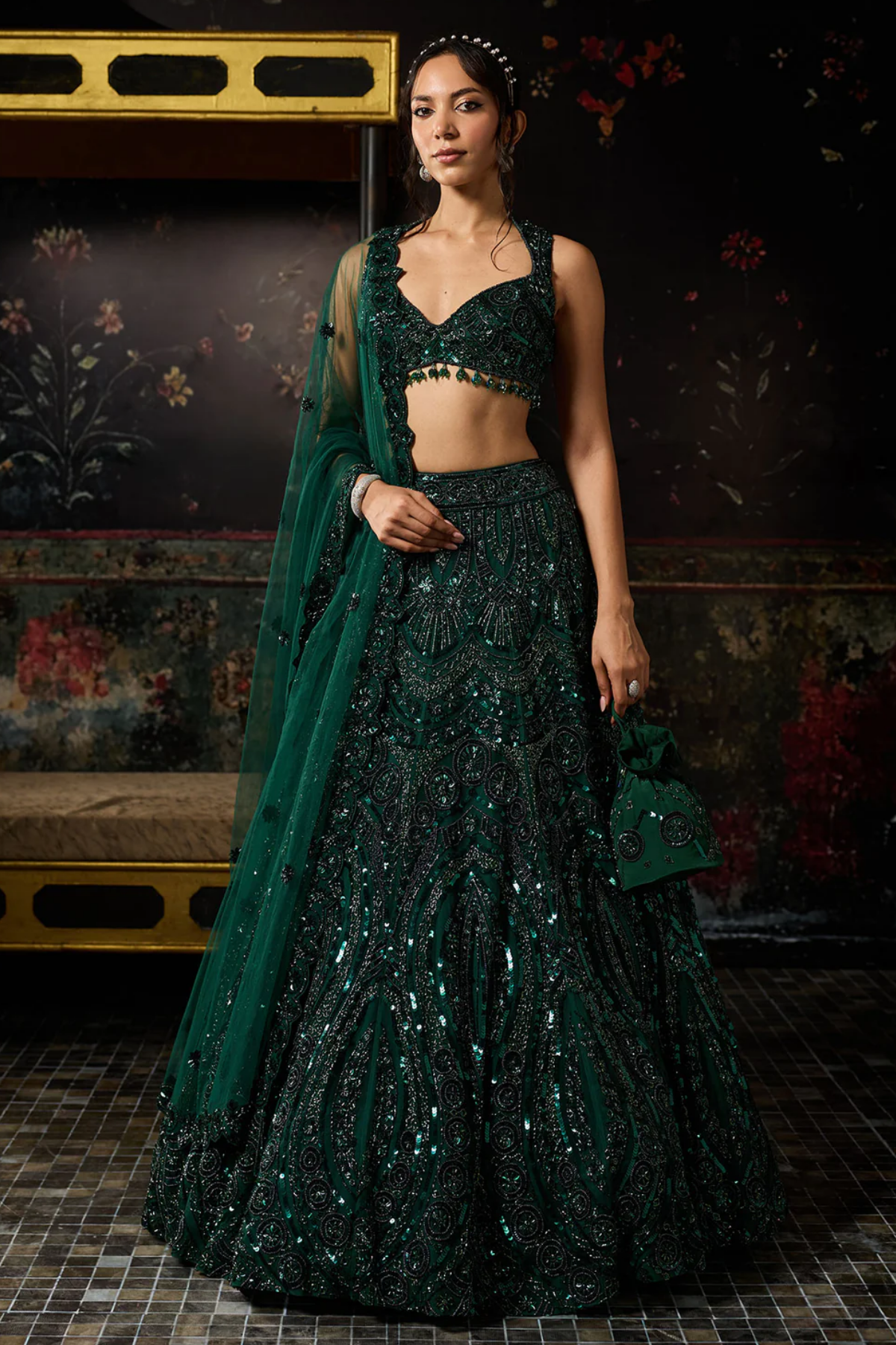 Emerald Green Embellished Lehenga Set