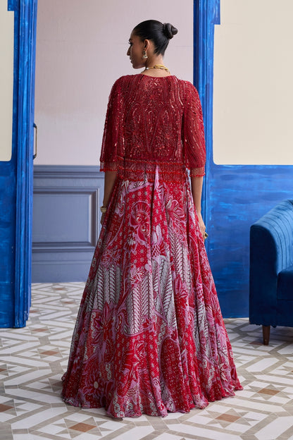 RED EMBROIDERED BLOUSE WITH TASSEL CAPE JACKET & FLORAL LEHENGA SET
