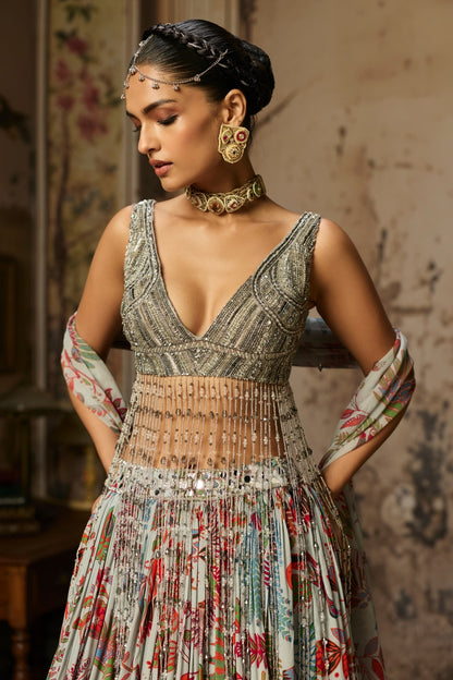 SLATE GREY EMBROIDERED BLOUSE AND PRINTED LEHENGA SET