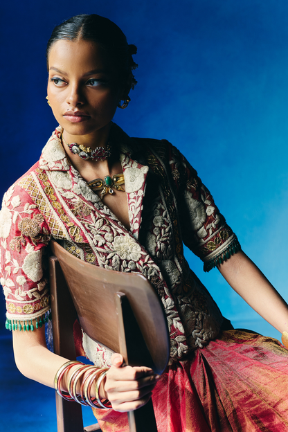 Red blazer with draped skirt