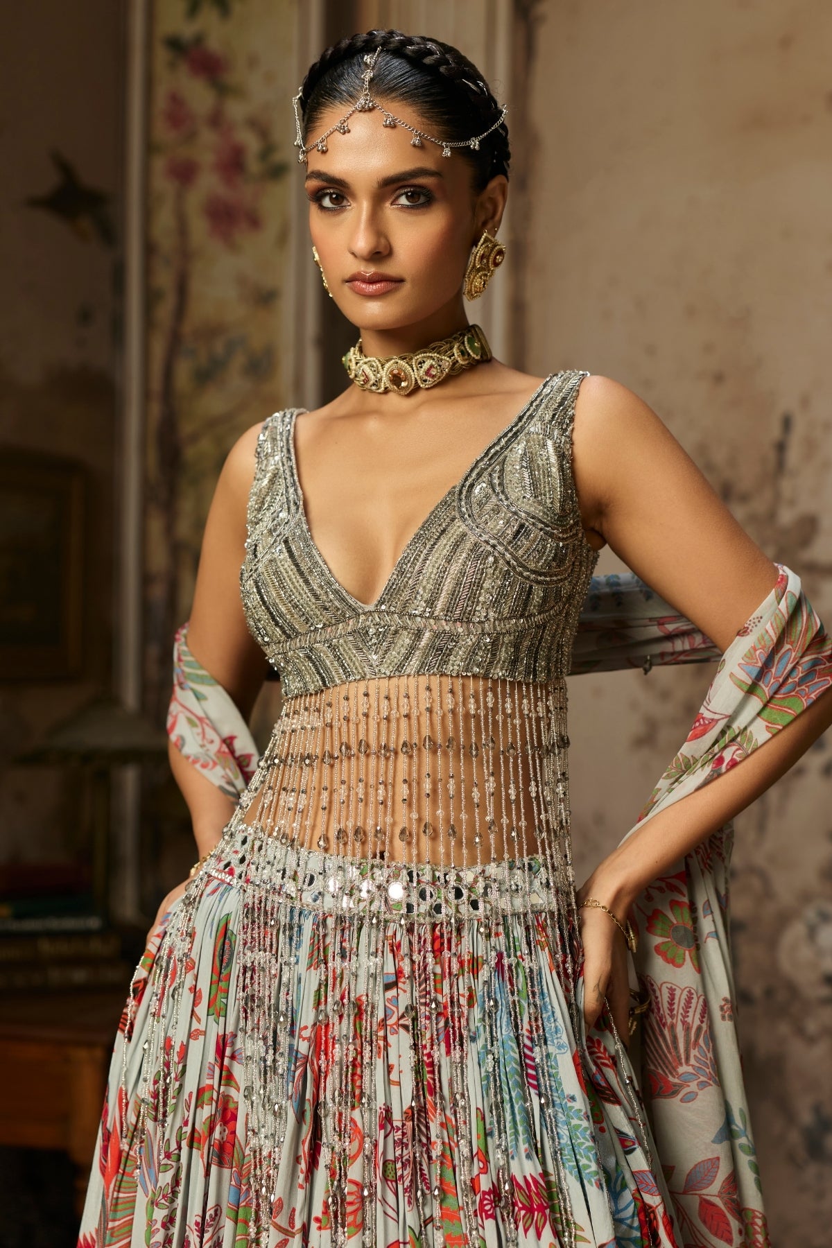 SLATE GREY EMBROIDERED BLOUSE AND PRINTED LEHENGA SET