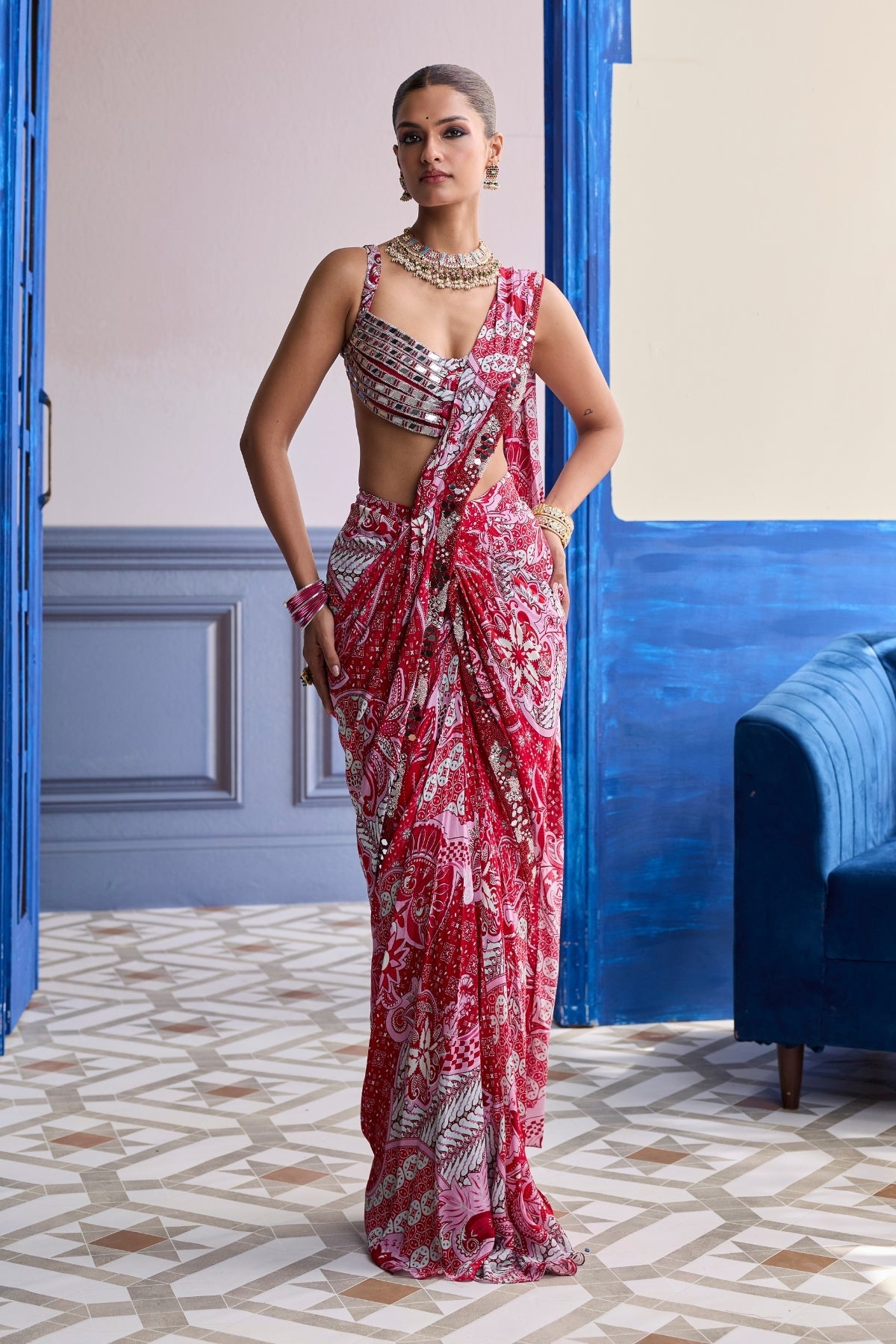 RED MIRROR WORK BLOUSE WITH PRINTED DHOTI SAREE SET
