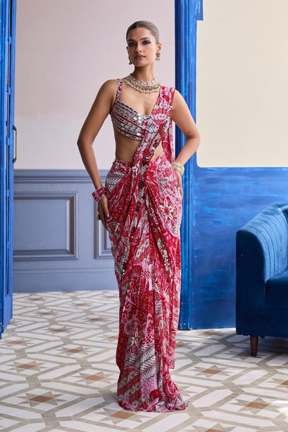 RED MIRROR WORK BLOUSE WITH PRINTED DHOTI SAREE SET