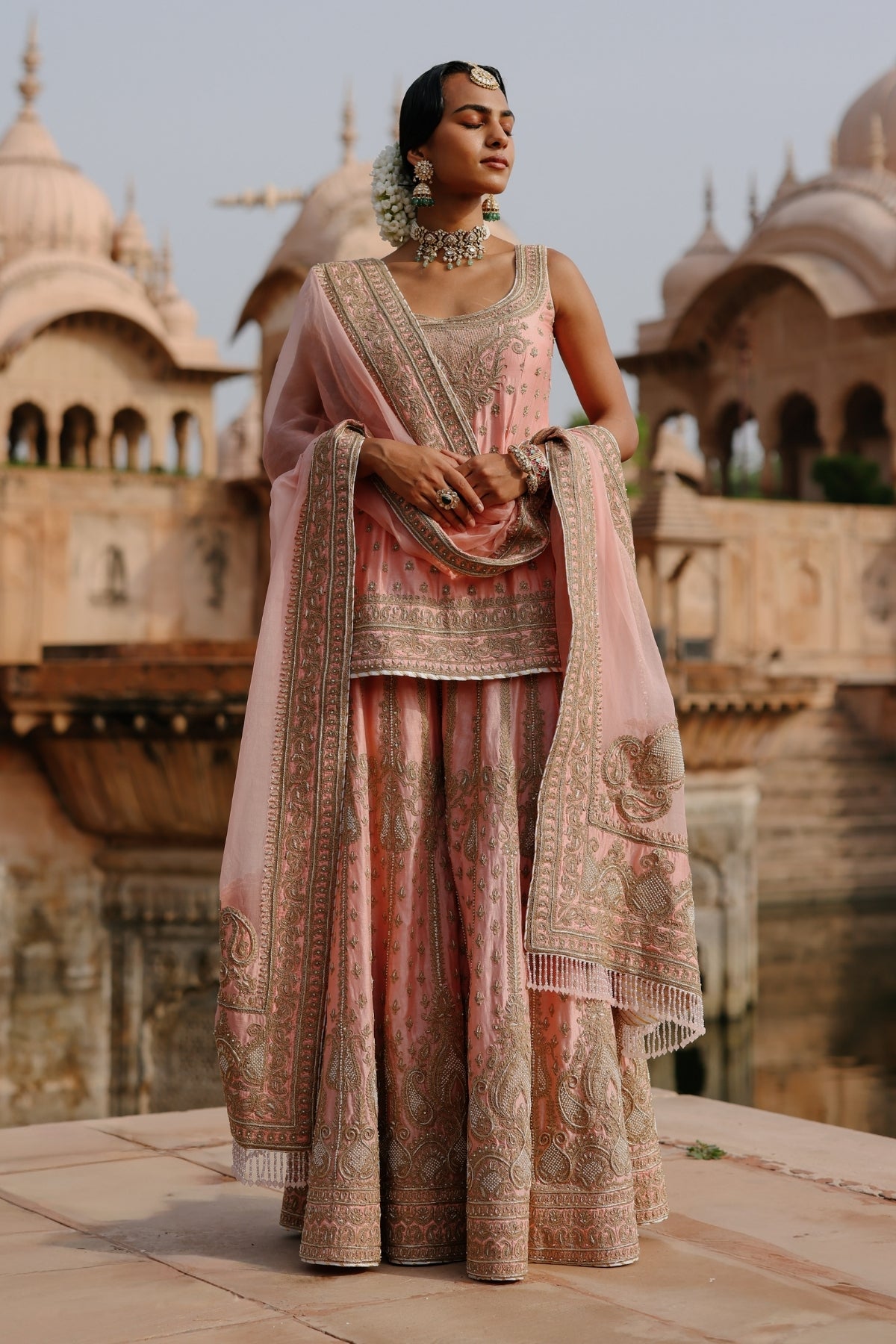 Tasnim - Pink Kurta Set with Sharara & Dupatta