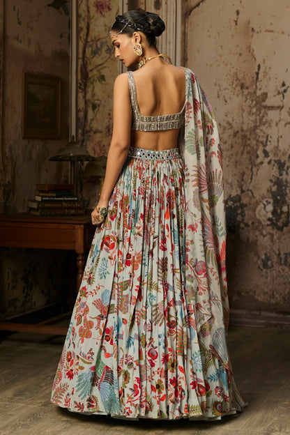 SLATE GREY EMBROIDERED BLOUSE AND PRINTED LEHENGA SET