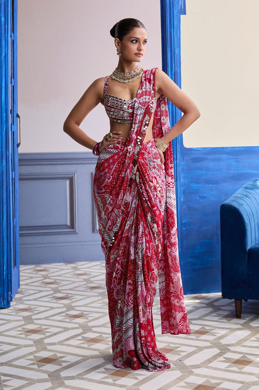 RED MIRROR WORK BLOUSE WITH PRINTED DHOTI SAREE SET