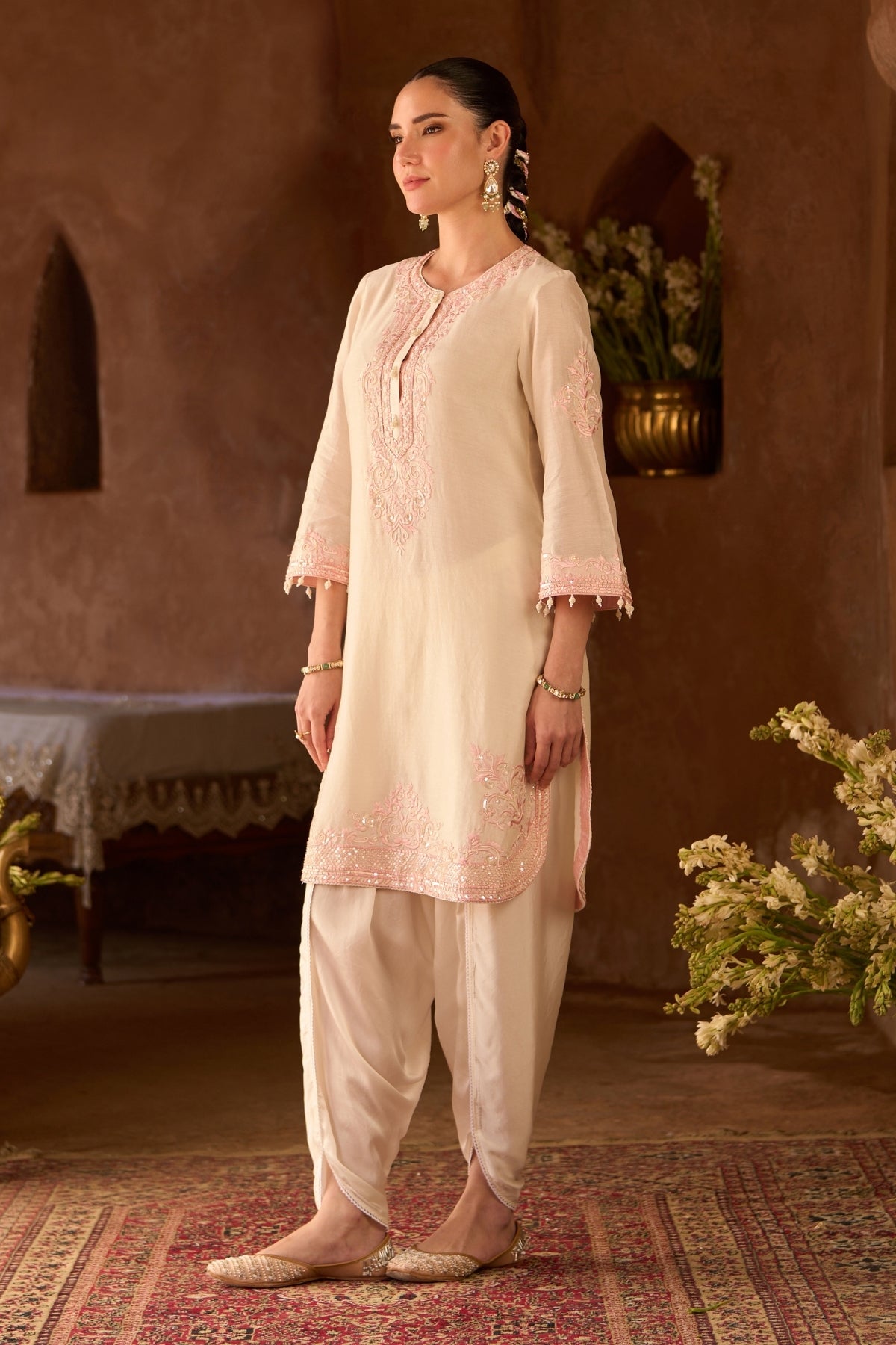 Nyra - Daisy Ivory With Pink Short Kurta And Dhoti